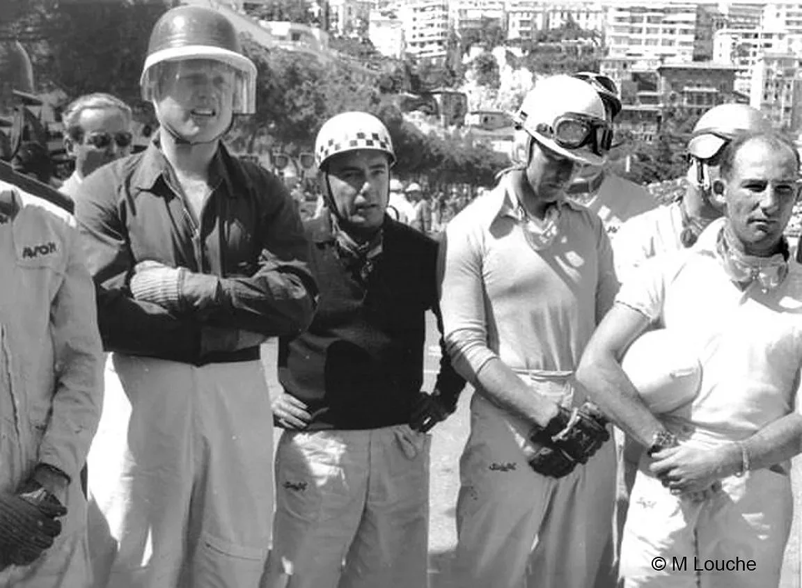  58 Monaco.  L to R  Mike Hawthorne, Jean Behra, Wolfgang von Trips, Stirling Moss.  Hawthorne would become World Champion at the end of the season. 