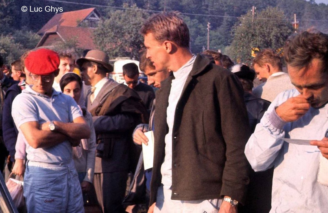  1960 Nurburgring 1000.  L to R  Masten Gregory, Dan Gurney, Phil Hill biting fingernails and reading his notes.  Gurney would win co-driving with Stirling Moss in a Birdcage Maserati. 