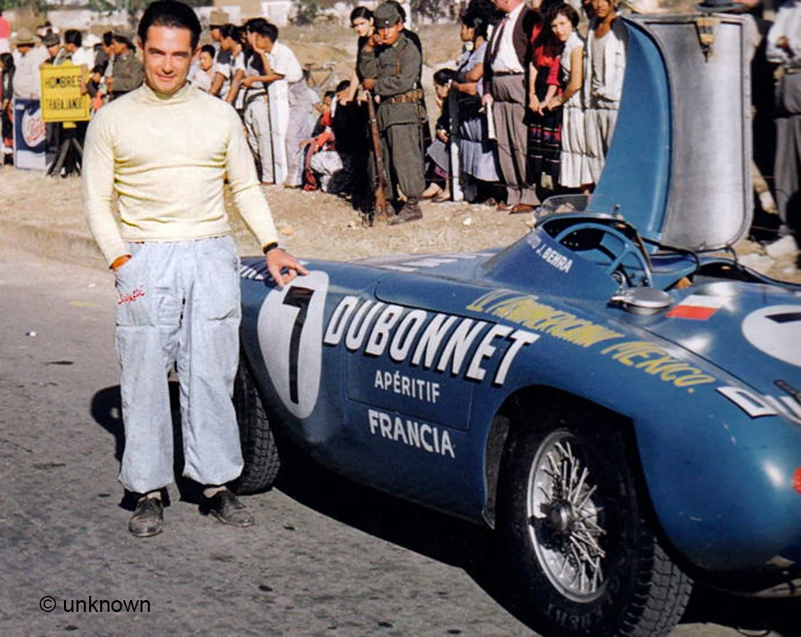 Frenchman Jean Behra next to his Gordini T24S at the 1953 Carrera Panamerica.  Behra crashed his Gordini while leading the Mexican race in 1952 and was disqualified in ‘53. 