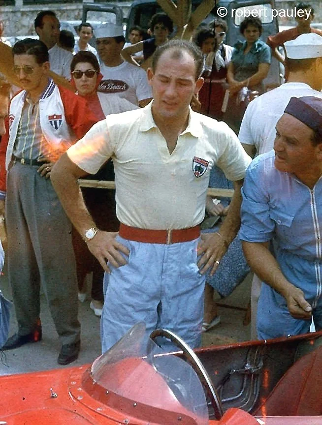  Cuba 1957. Stirling Mossand  Guerrino Bertocchi.  In Cuba teaming with Fangio.  Moss would win Cuba in 1958 and 1960 but this year he drove two Maserati’s and neither finished. 