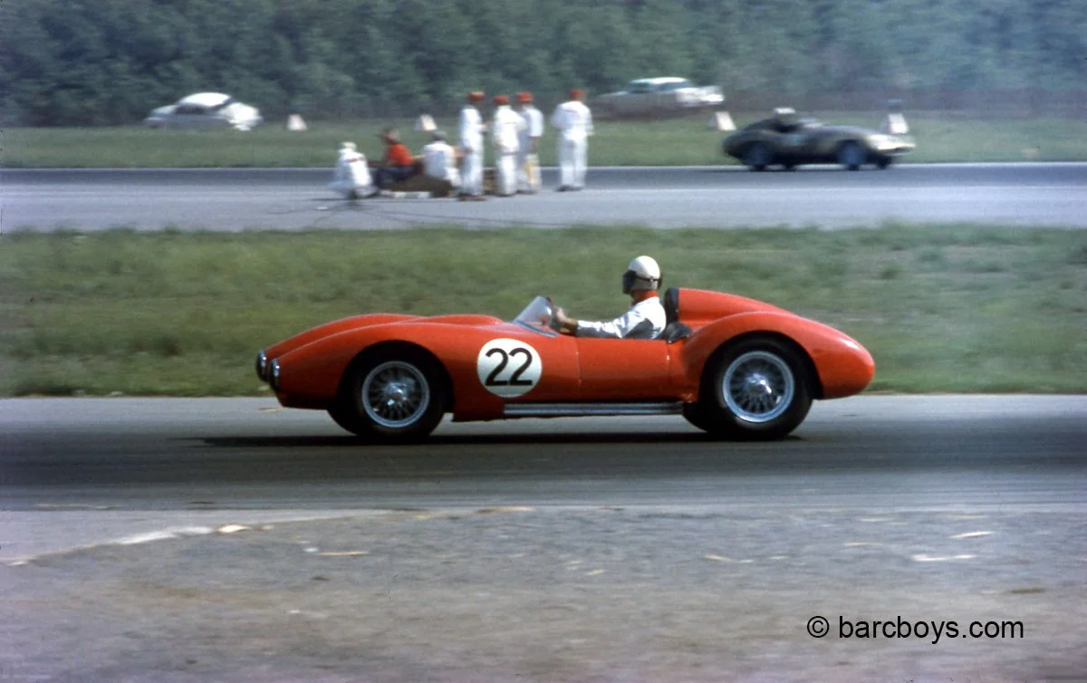  Bill Sadler in his magnificent Chevy powered Sadler Special.  He put fear into the two Listers all year, but the car rarely finished.  In this case Sadler was mistakenly black flagged and was a DQ.  Here he is looking over his shoulder at who is beh