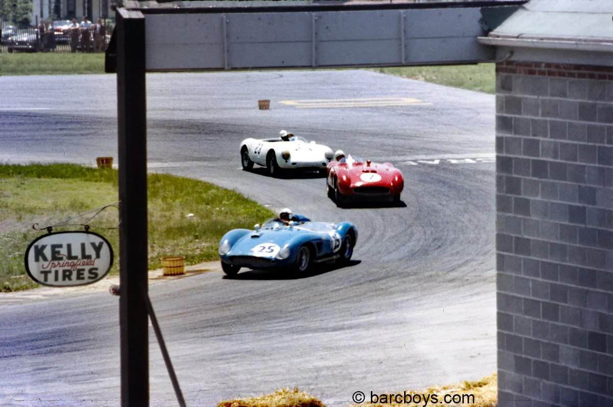  Taken from a tower at the exit of the hairpin, Bus Andrey, Ferrari 500TRC #0706 leads John Quackenbush, Ferrari 500TR #0634 who is in front of Denise McLuggage’s Porsche 550RS.   