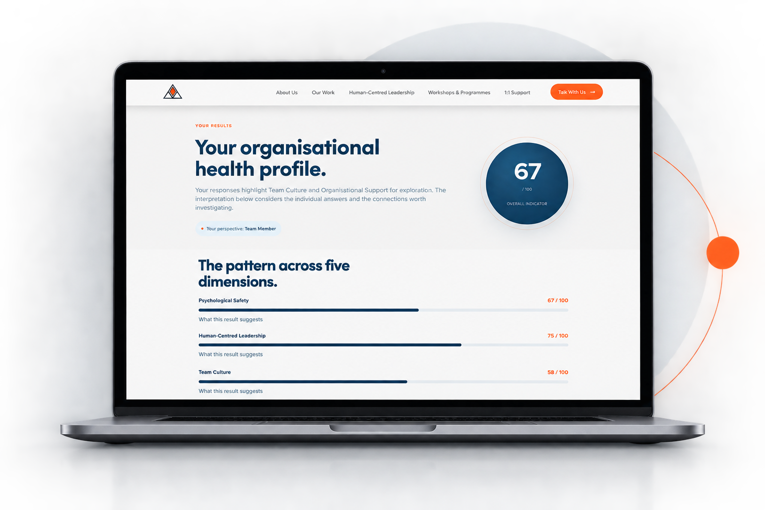 Organisational Health Check results displayed on a laptop
