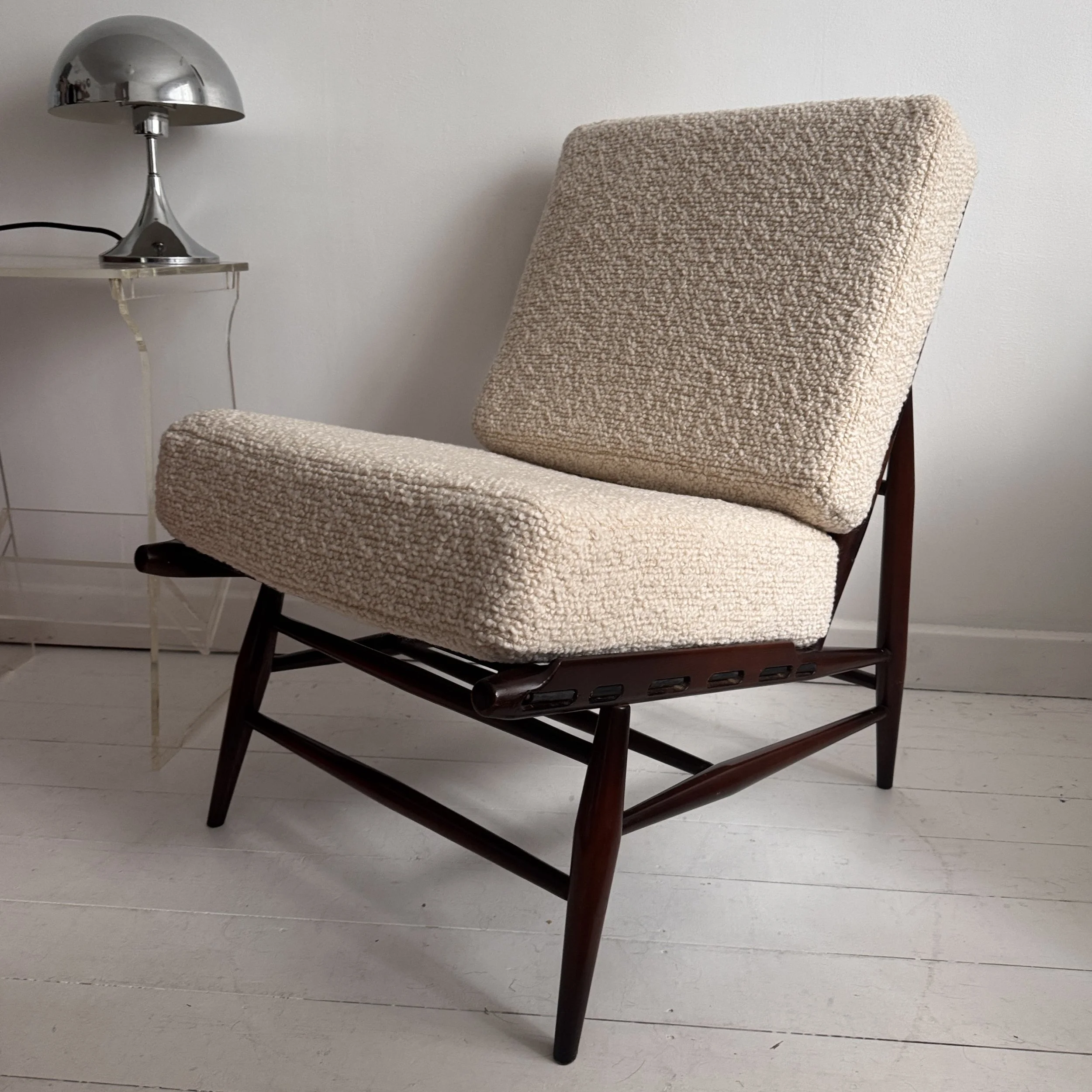 Vintage Ercol Armchair Model '427'  White Bute Boucle Fabric (UK delivery included)