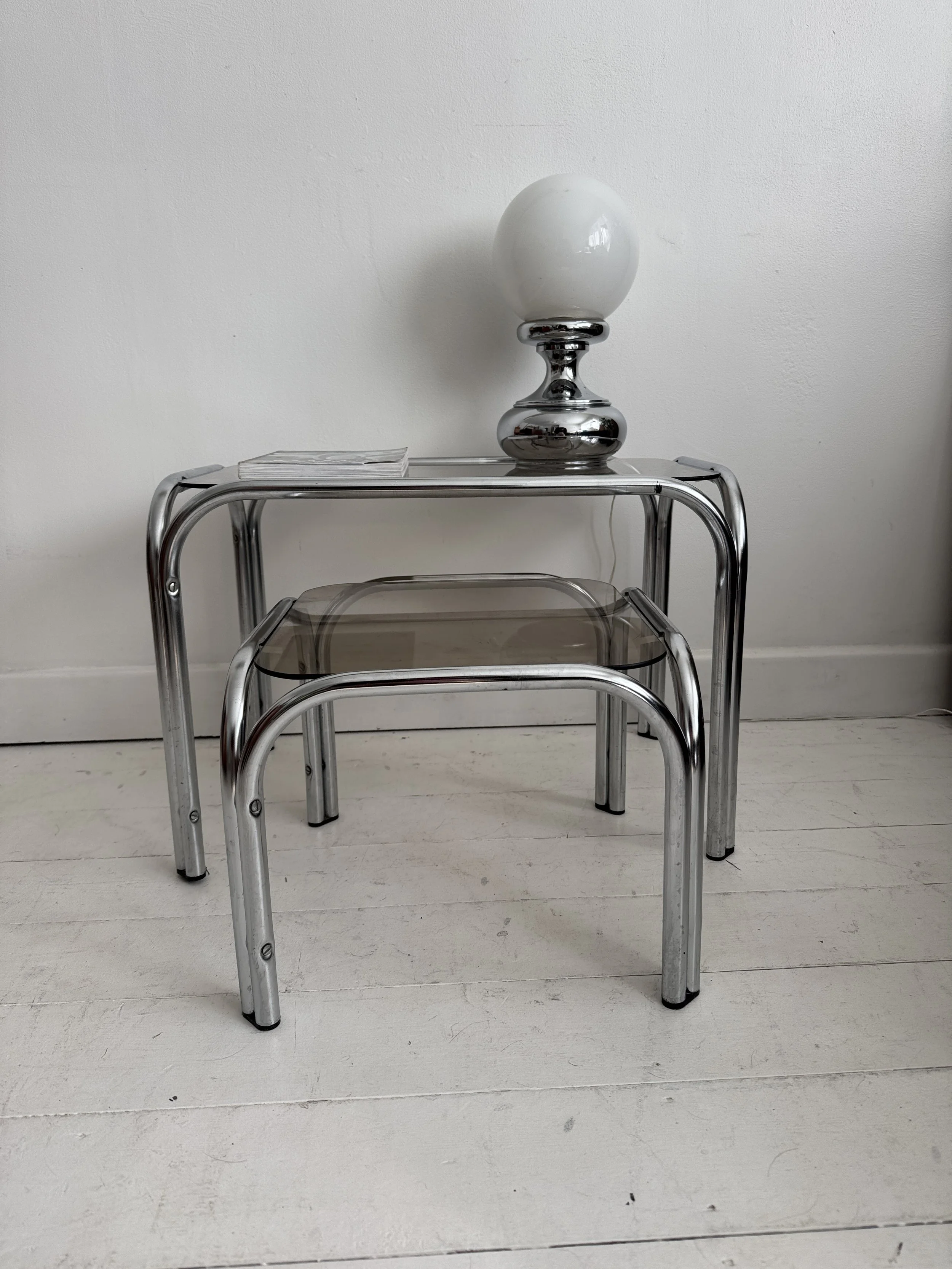 80s Tubular Chrome and Smoked Glass Tables