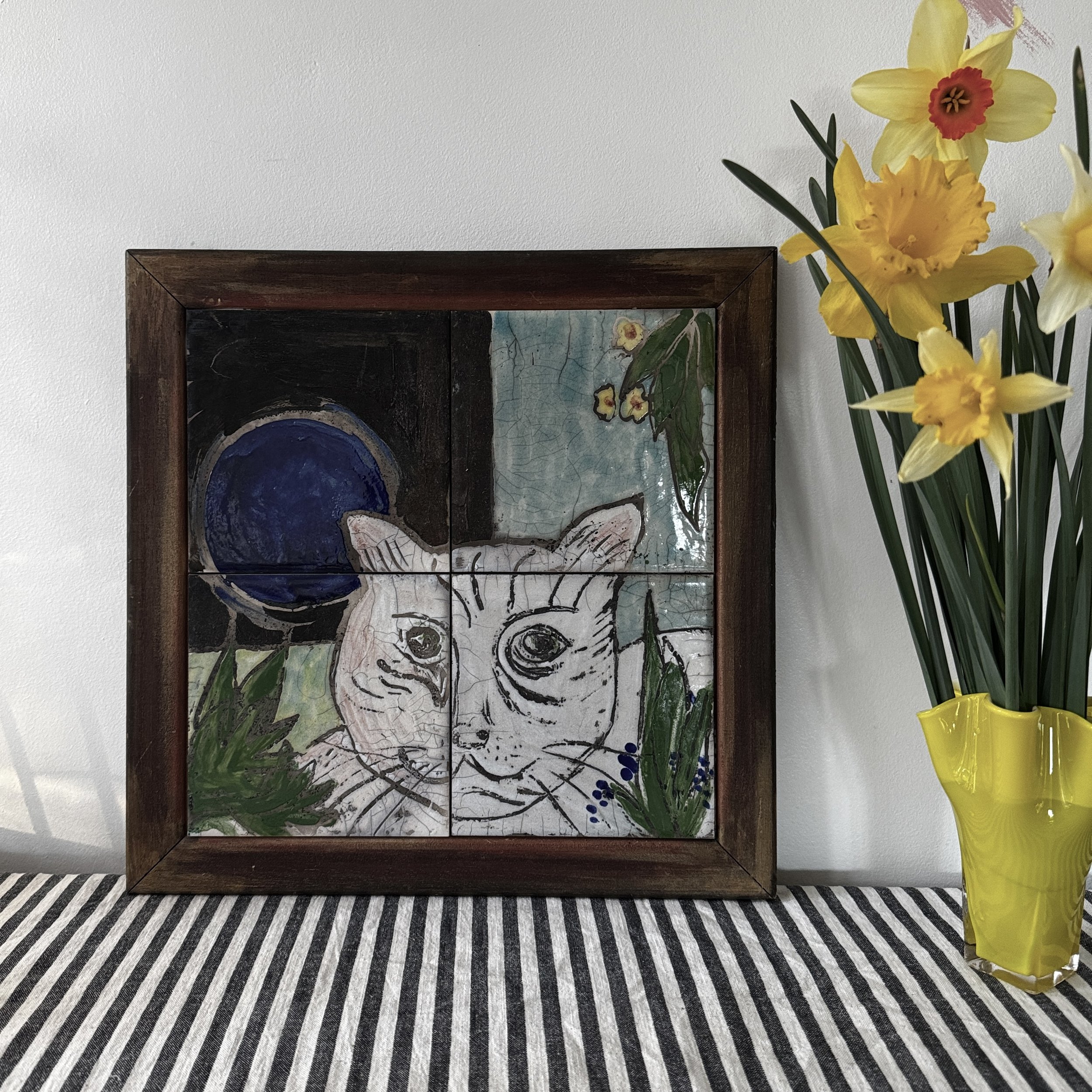 Midcentury Hand-painted Cat Tile Art