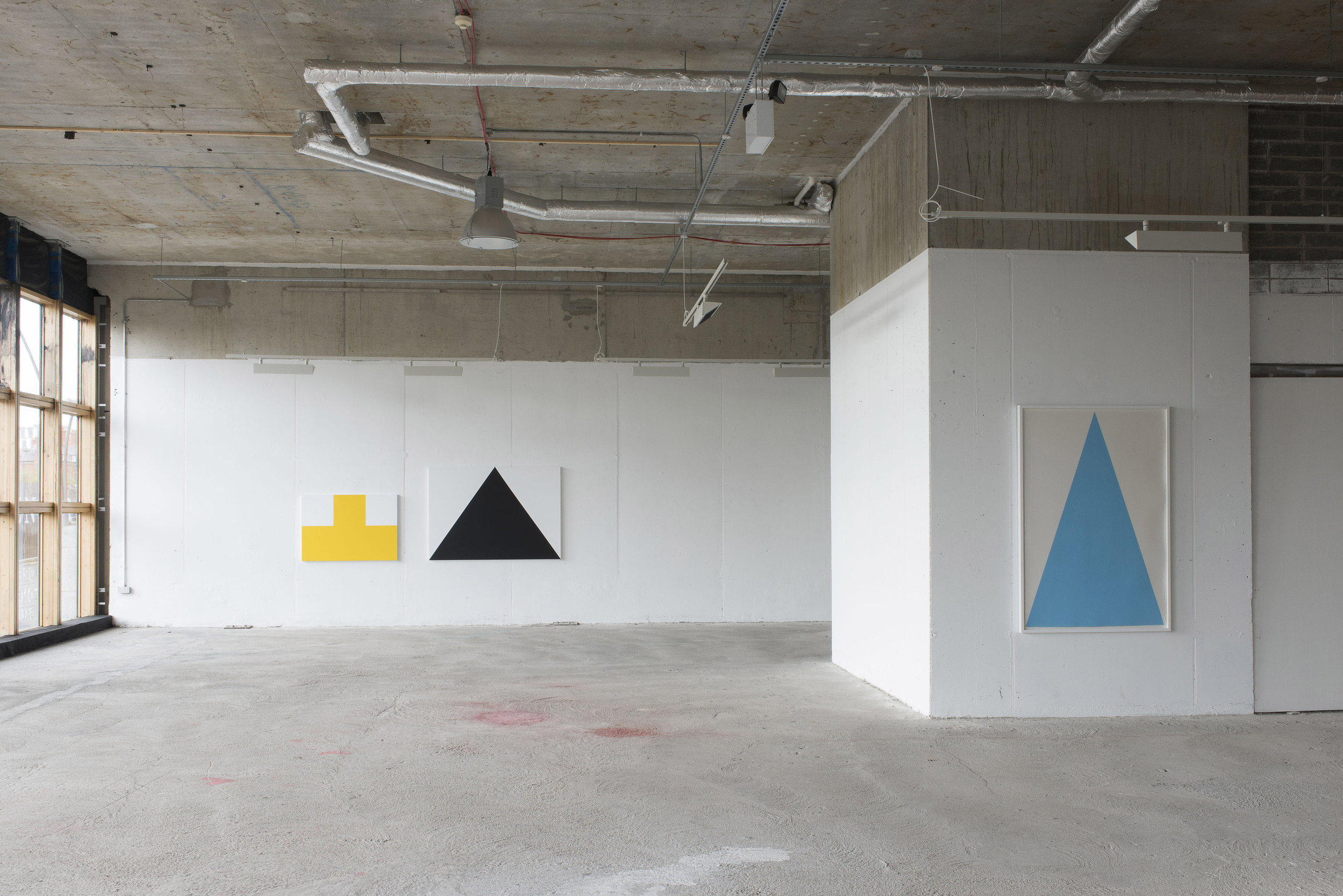 Installation view Green On Red Gallery, Dublin, 2016, Back wall: Yellow, Marine Both paintings  Acrylic on aluminium. Wall on right: Light Sky, Chalk pastel on paper