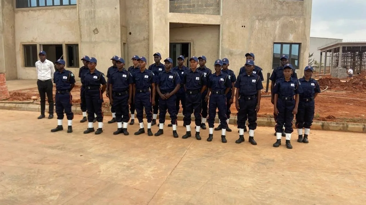 Mantra security guards protecting commercial premises in Ogun State, Nigeria.
