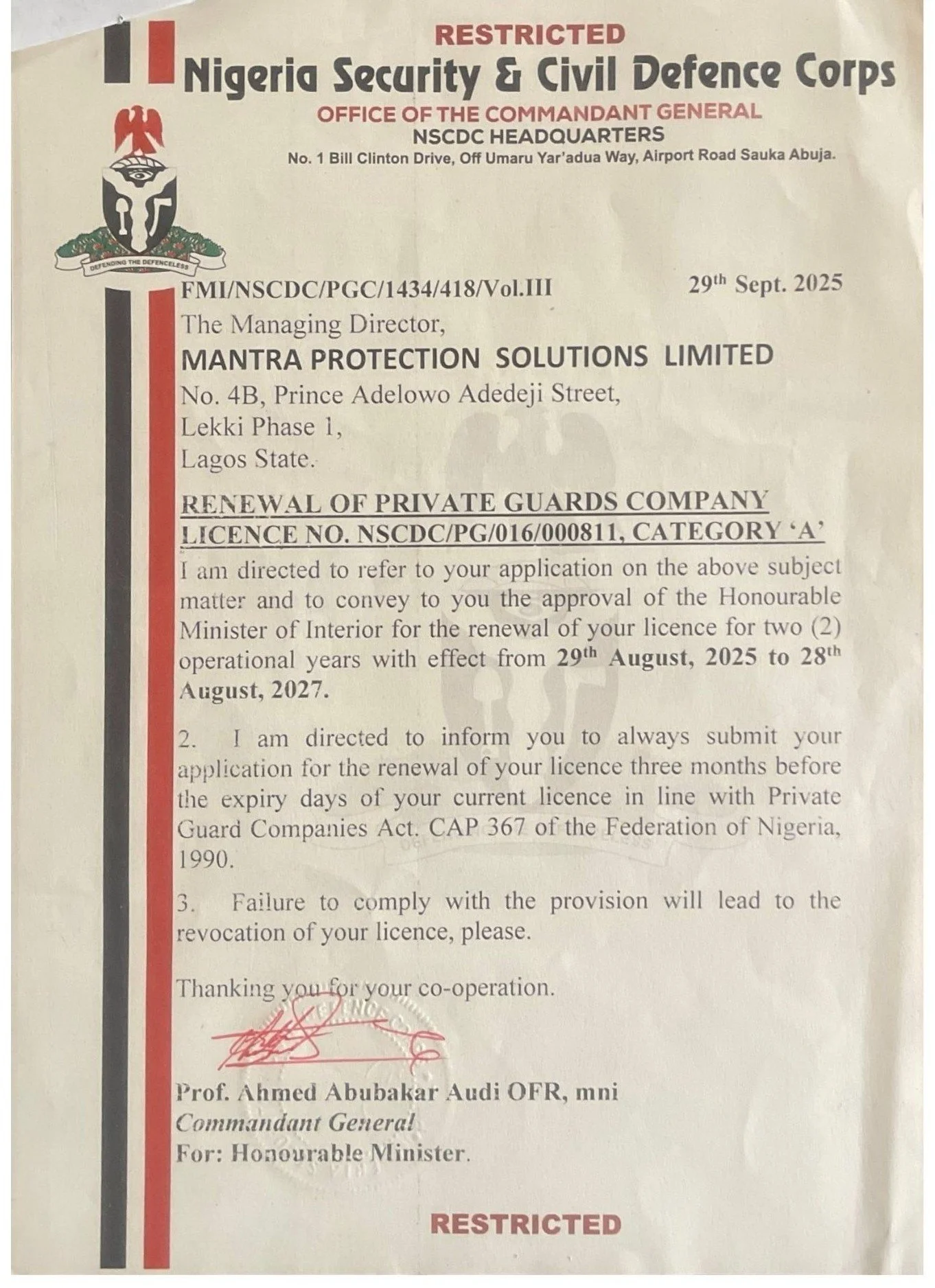 Mantra's NSCDC certificate.