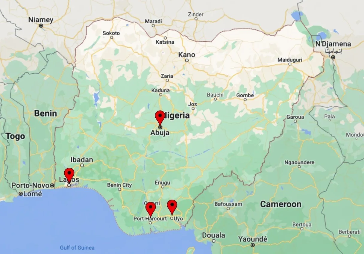 Map of Nigeria showing the four Mantra office locations: Lagos, Abuja, Port Harcourt and Uyo..