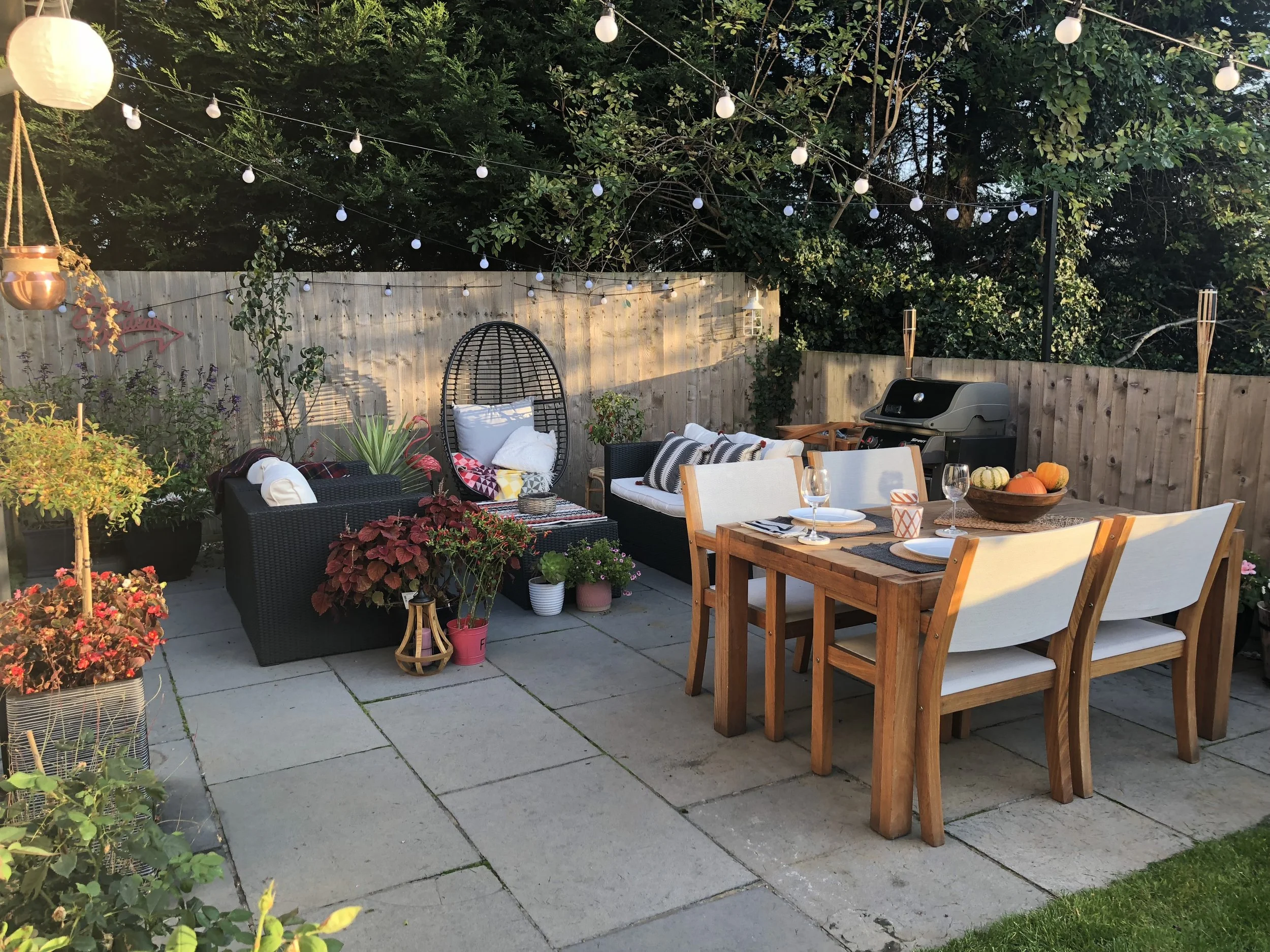 The corner patio where the strips meet - the only nice bit of the garden