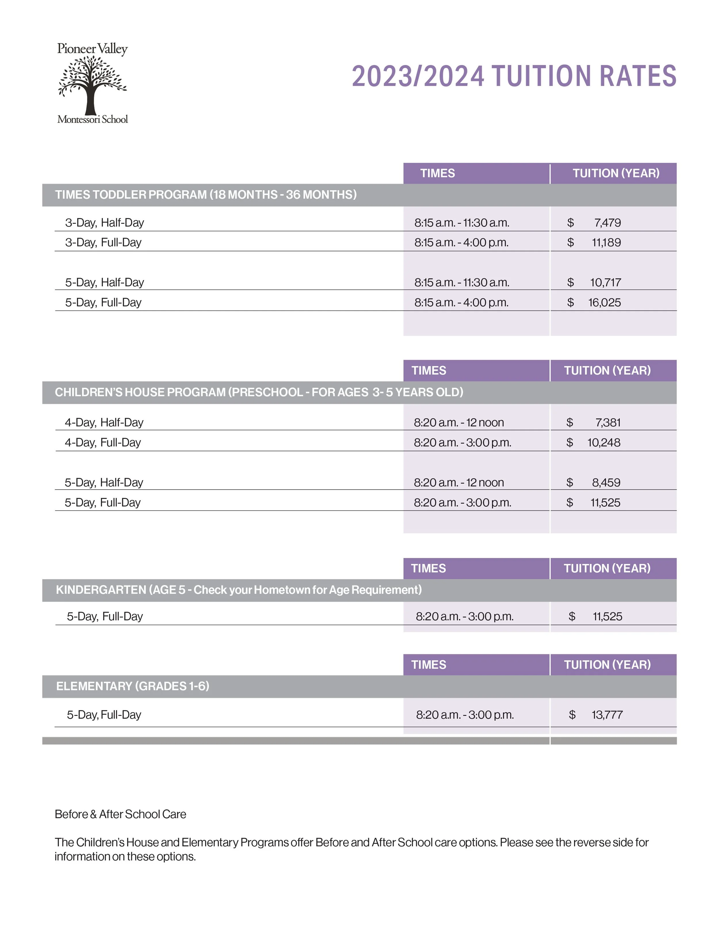 Tuition Rates — Pioneer Valley Montessori School