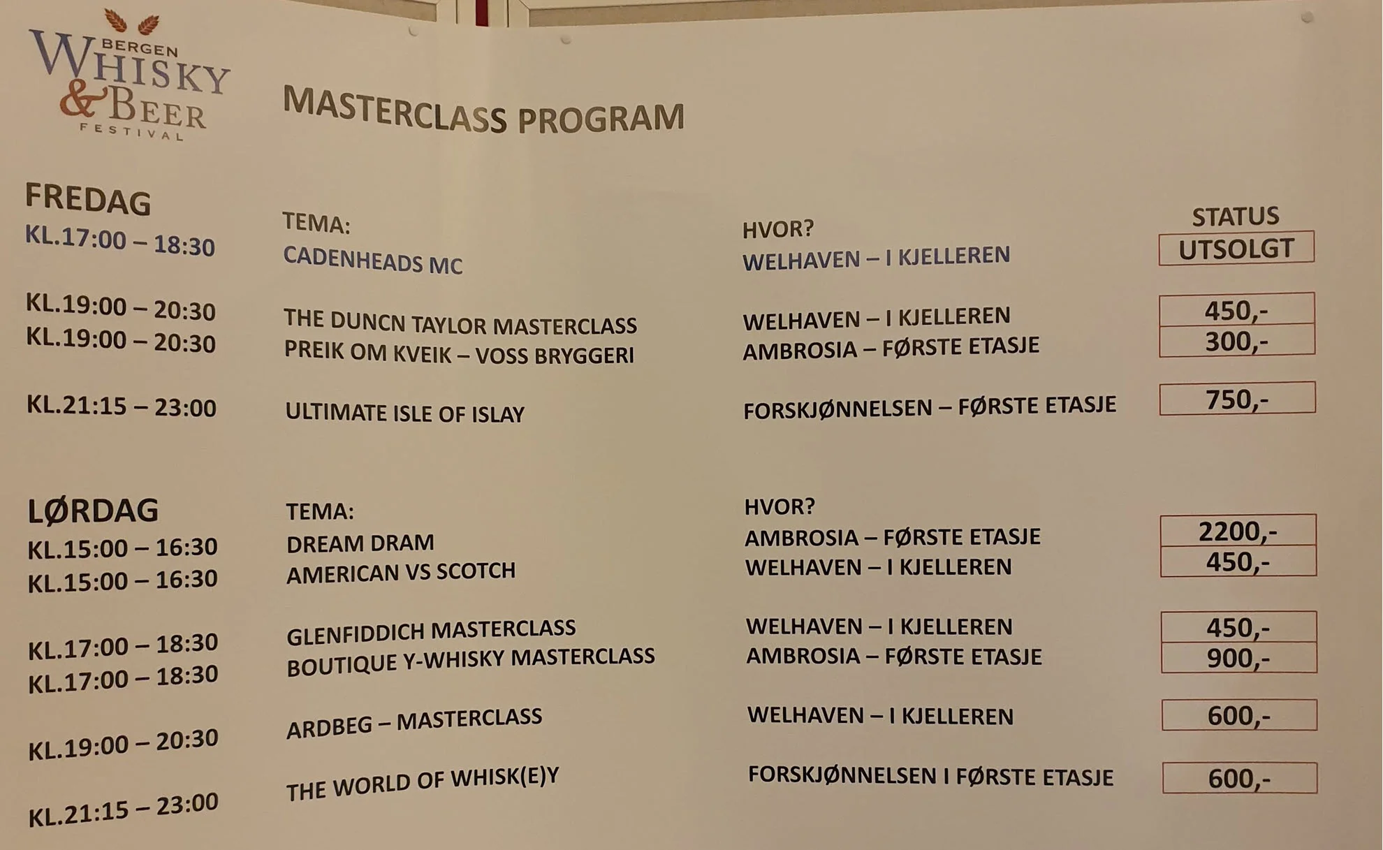 The masterclasses for today and tomorrow. Cadenhead tasting already sold out.