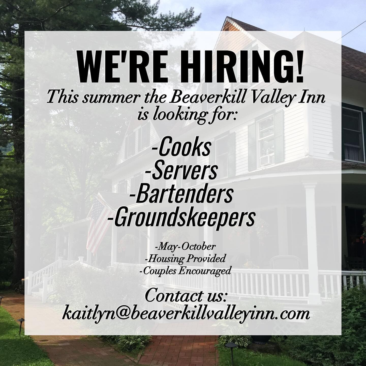 Escape the city for the summer and work with us! 🌿🎣☀️

This summer the Beaverkill Valley Inn is looking for: cooks, servers, bartenders, and groundskeepers.

All housing will be provided!
You will have access to fishing, swimming, and hiking as wel