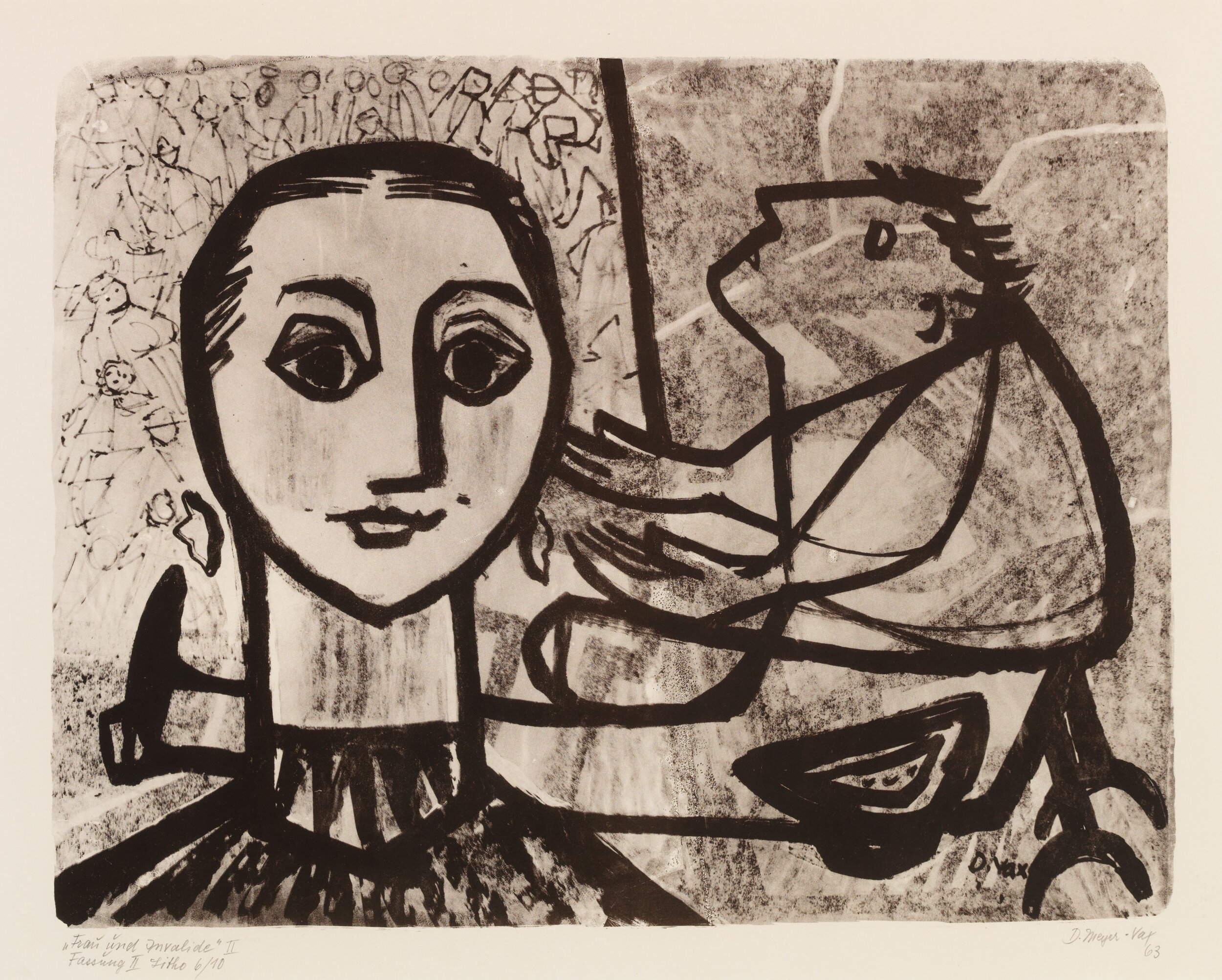 Dore Meyer-Vax, Erkenntnis II (Frau und Invalide), 1963, Lithografie auf Papier, 42,5 x 55 cm (Motiv), Sammlung Sauer. © Kunstvilla, Annette Kradisch