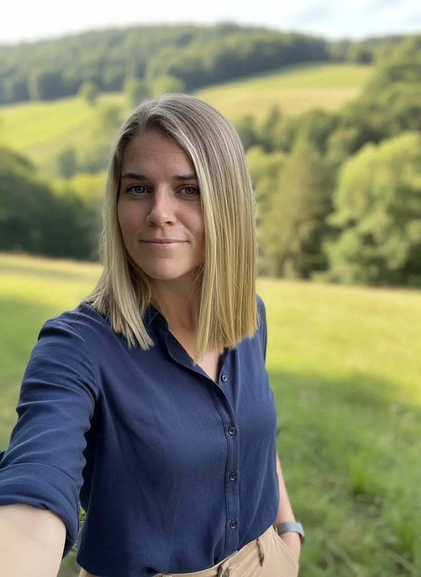 A woman with shoulder-length blonde hair and blue eyes taking a selfie outdoors in a lush green landscape with rolling hills and trees in the background.