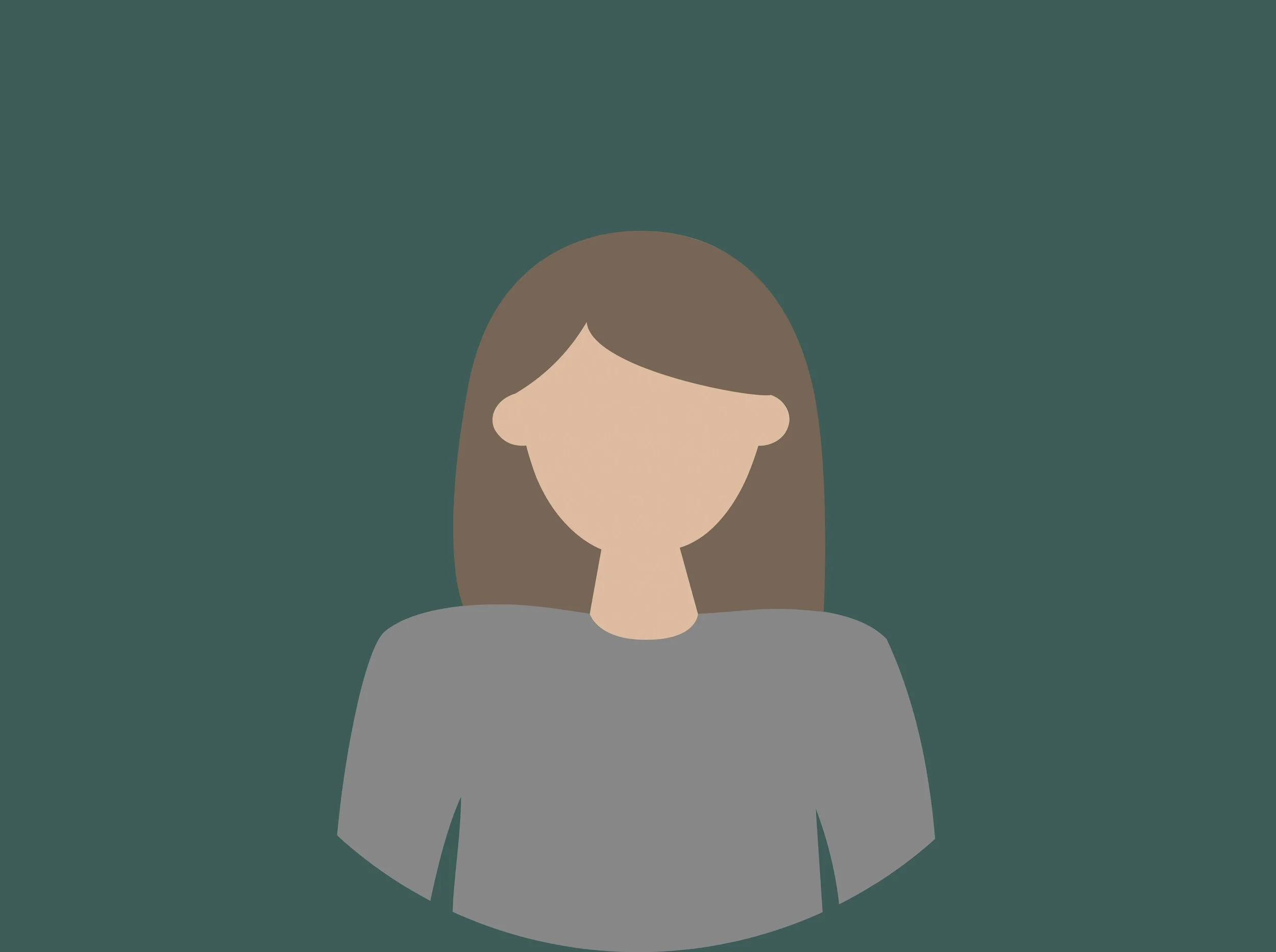 Illustration of a woman with medium-length brown hair wearing a gray shirt against a dark green background.