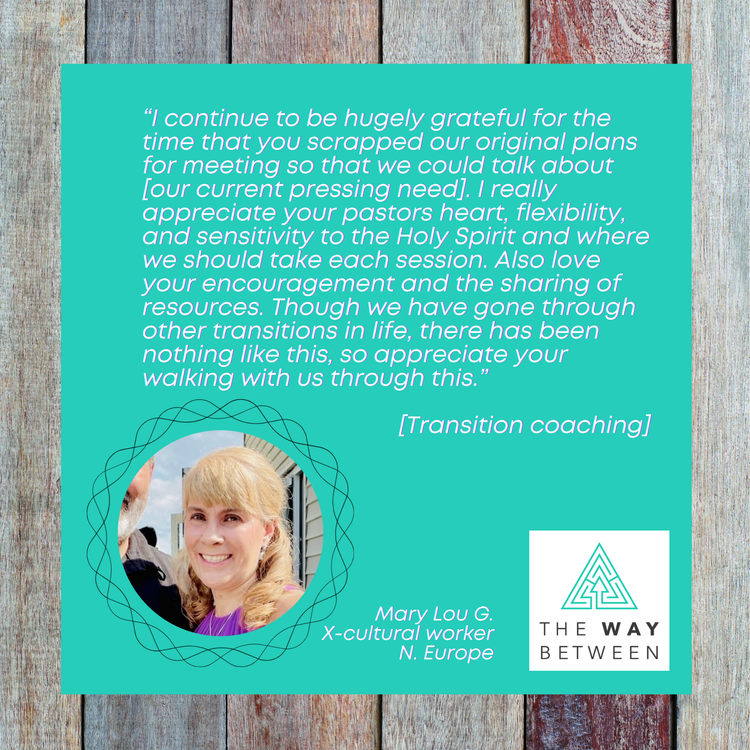 A teal square with a quote about transition coaching, a photo of a woman with blonde hair and a purple top, and a logo with an interwoven maze design titled 'The Way Between'.