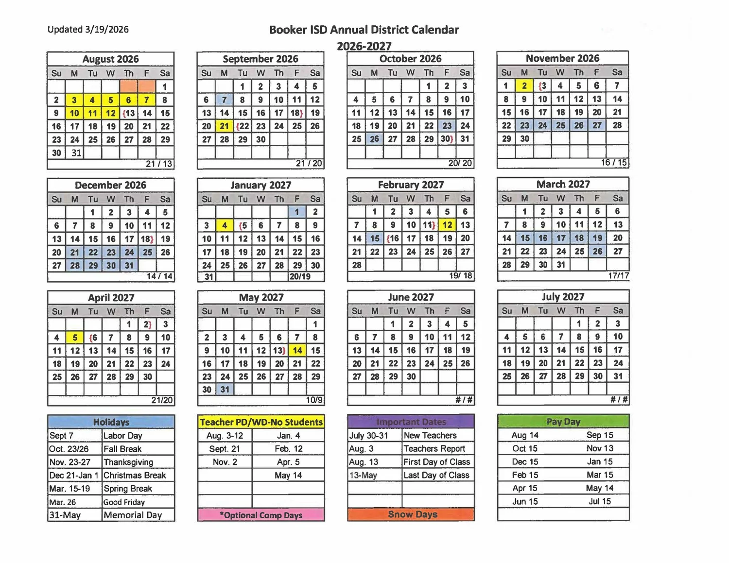 26-27 l Calendar — Booker ISD
