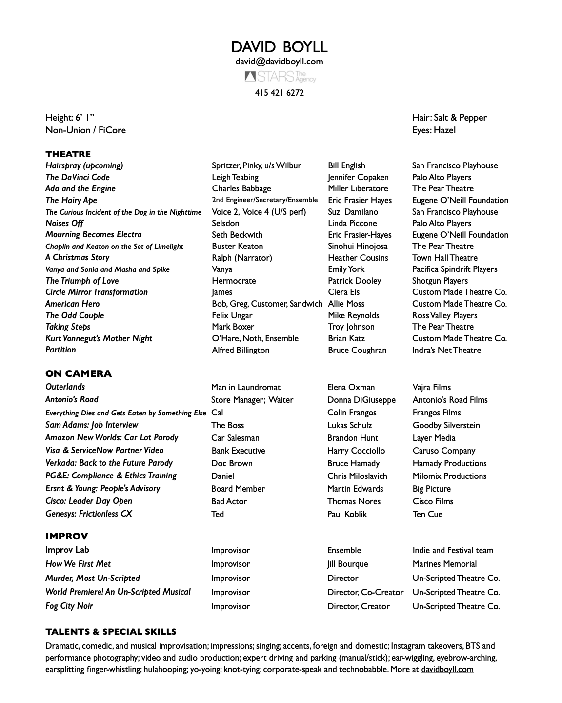 Resume of David Boyll, Actor