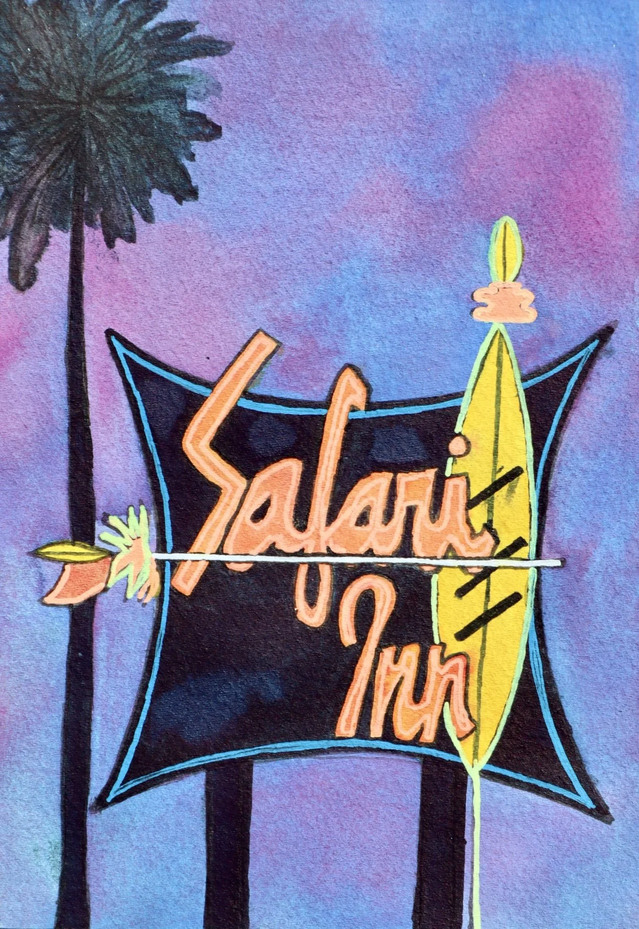 Watercolor image of a sign that reads: Safari Inn