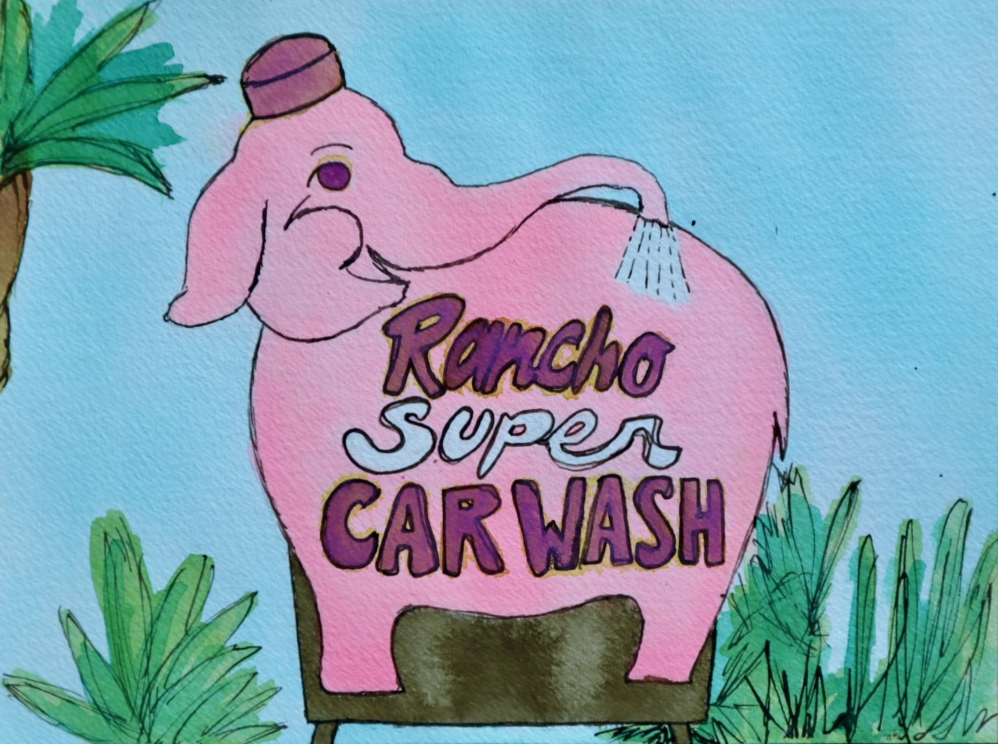 Watercolor image of a sign that reads: Rancho Super Car Wash
