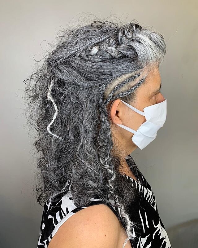 Viking inspired hair for this lovely lady! 
Hair by: Tamika 
#Studio32 #braids #haircuts #curlyhair #grayhair #silverhair #vikings #vikinghair