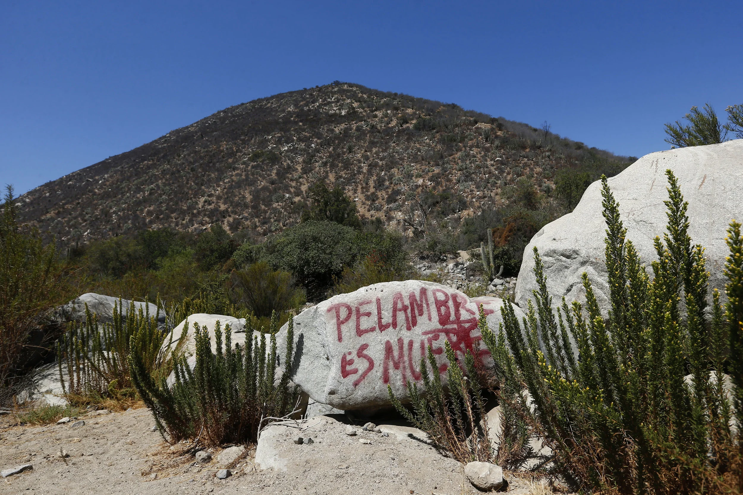 Graffiti that reads, "Pelambre is death", on a rock near Antofagasta’s mine, Los Pelambres. Reuters Images.