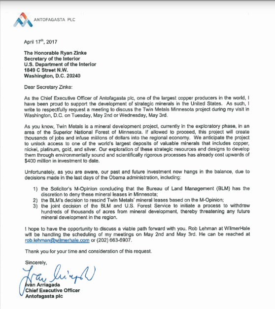 Letter from Antofagasta’s CEO to Secretary Zinke