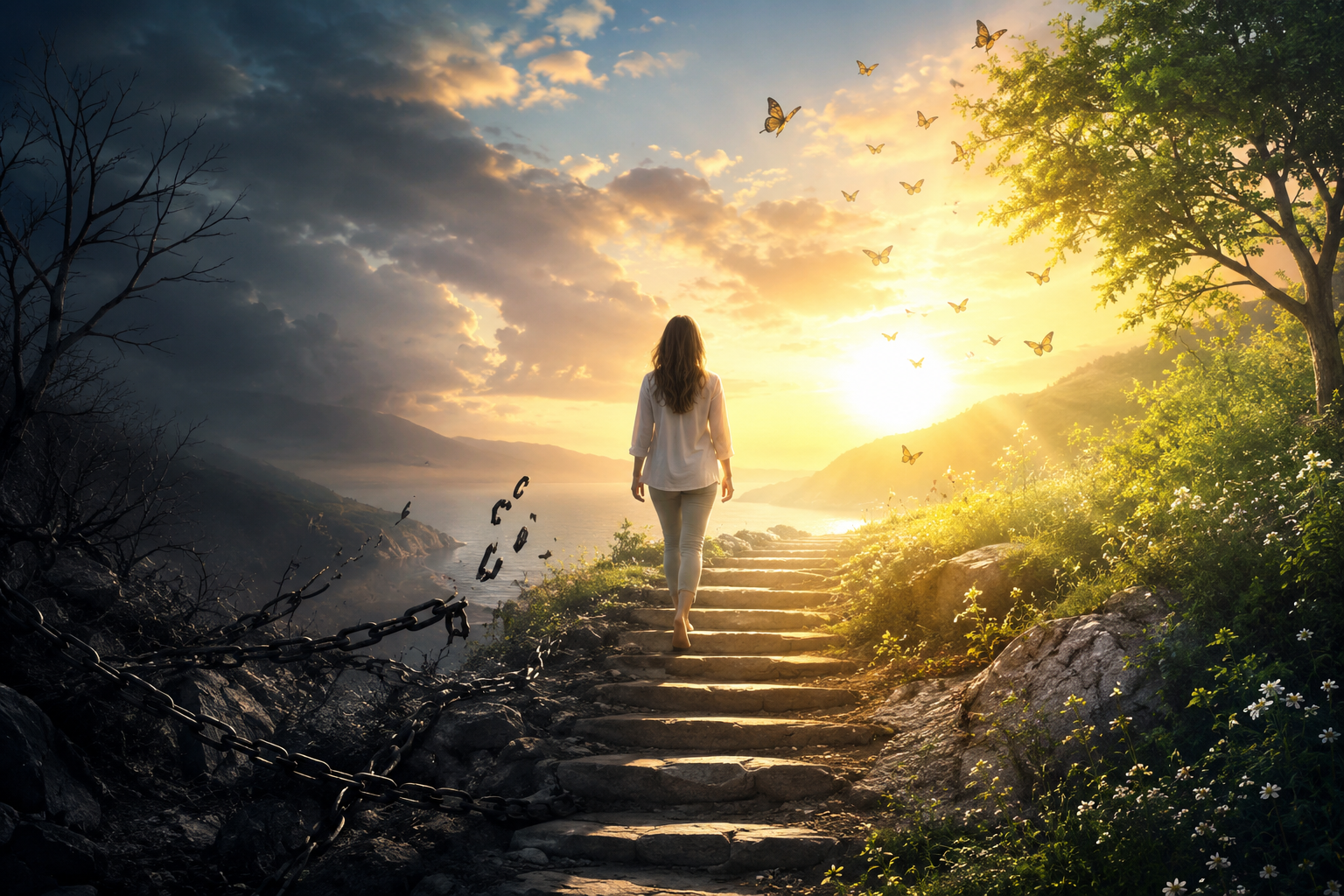A symbolic image of trauma recovery showing a woman walking from darkness into sunlight, leaving broken chains behind as butterflies rise around her. The scene represents healing, spiritual transformation, personal empowerment, resilience, and hope.