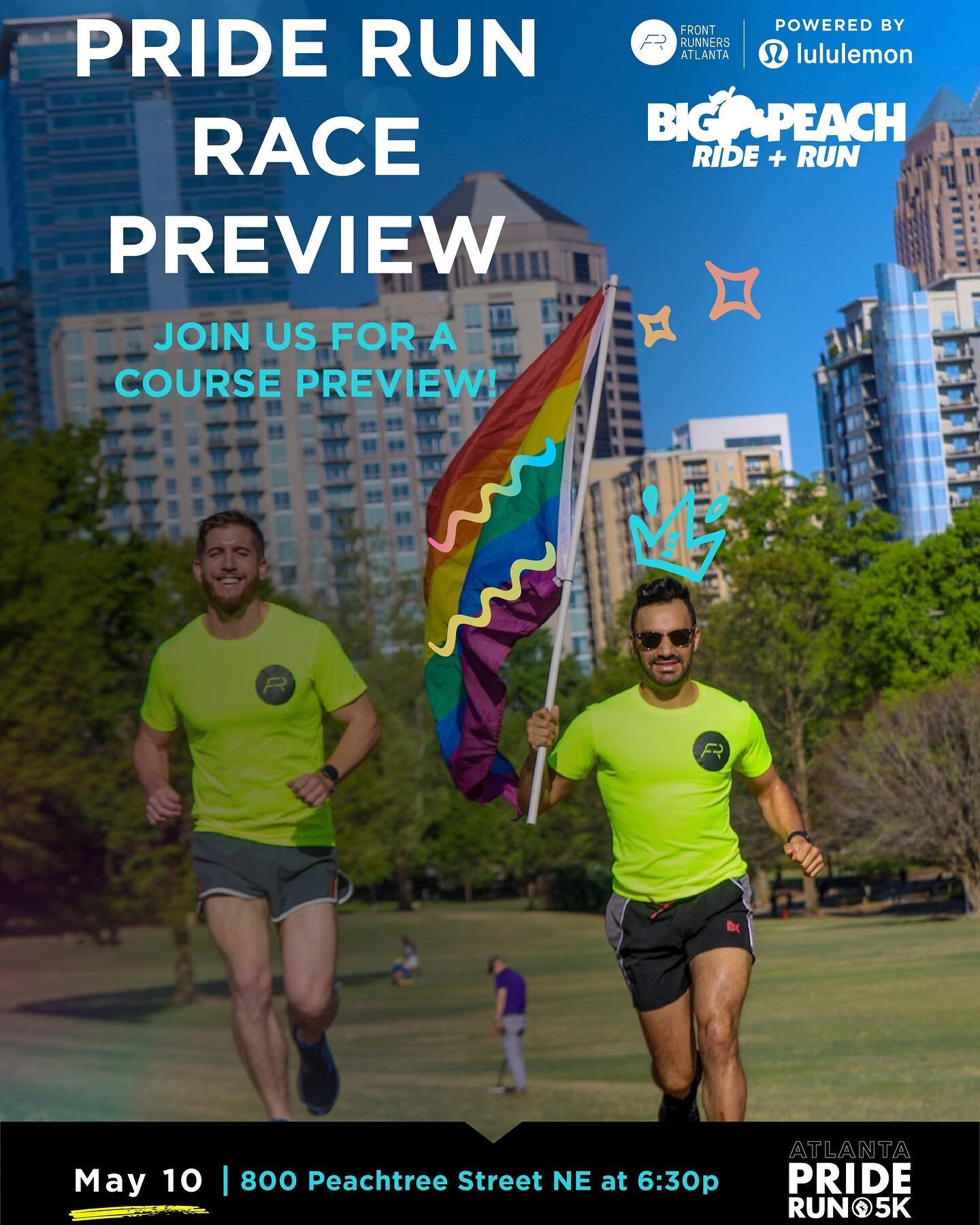 We see you, racers! Join @frontrunnersatl this Wednesday for a preview of the new Pride Run course at @bigpeach_midtown, 800 Peachtree St NE. Come out to connect with other runners and walkers and get a head start on the route before June 4th!