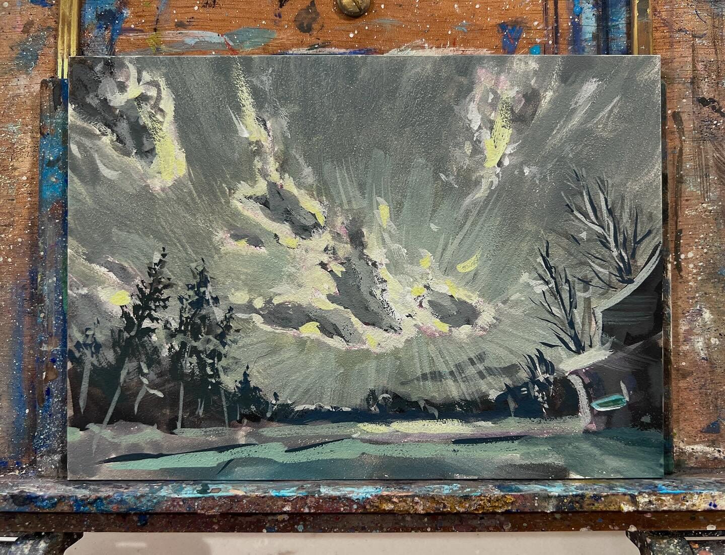 Wild clouds over Irvington - 5x7&rdquo; gouache on #aquabord #gouachepainting #gouacheillustration #nocturnepainting #historicirvington #ampersand_art #royaltalensna #talensgouache #royalbrushart