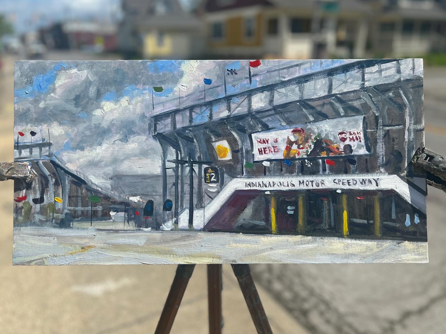 Gate 2 @indianapolismotorspeedway 12x24&rdquo; oil - it was a windy one today!!!! I had to hold down my easel most of this painting. #thisismay #indy500 #ims #indianapolismotorspeedway #pleinair #pleinairpainting #oilpainting #ampersand_art #royaltal