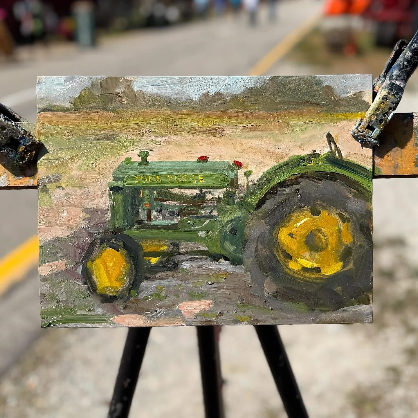 One of my favorite tractors out here at the @indystatefair - the 1936 @johndeere BR - #johndeere #indianastatefair #pleinair #pleinairpainting  9x12&rdquo; oil on #ampersand gessobord #rembrandtoils #ampersand_art