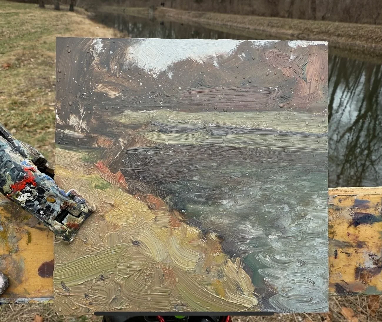A little painting in the light rain - canal tow path in Holcomb - 6x6&rdquo; oil on gessobord - #pleinairpainting #oilpainting