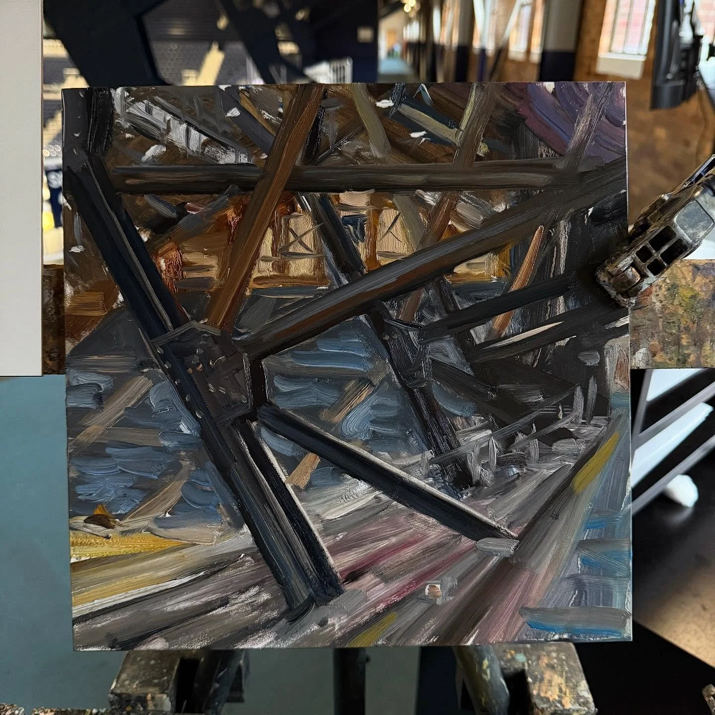 Such a fun painting to draw out and explore the positive and negative space. I love painting the unique steel truss architecture of Hinkle! 12x12&rdquo; oil on #gessobord #butleruniversity