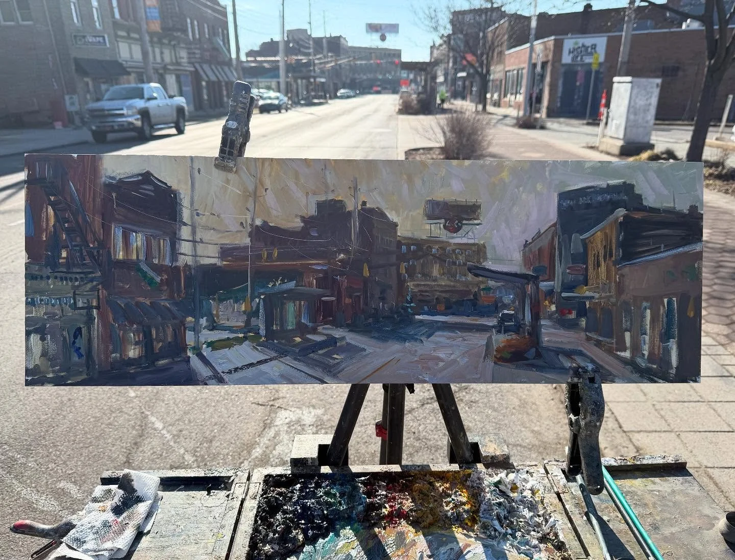 Fountain Square - 12x36&rdquo; oil on custom sized @ampersand_art #gessobord #royaltalensna #royalbrushart #pleinair