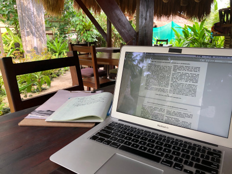 Reading numerous academic papers and transcribing interview notes.