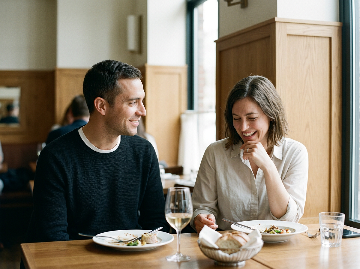 A warm, candid scene of a man and a woman sitting side by side at a restaurant table during a date, sharing a smile over drinks and meals in a cozy, softly lit space.
