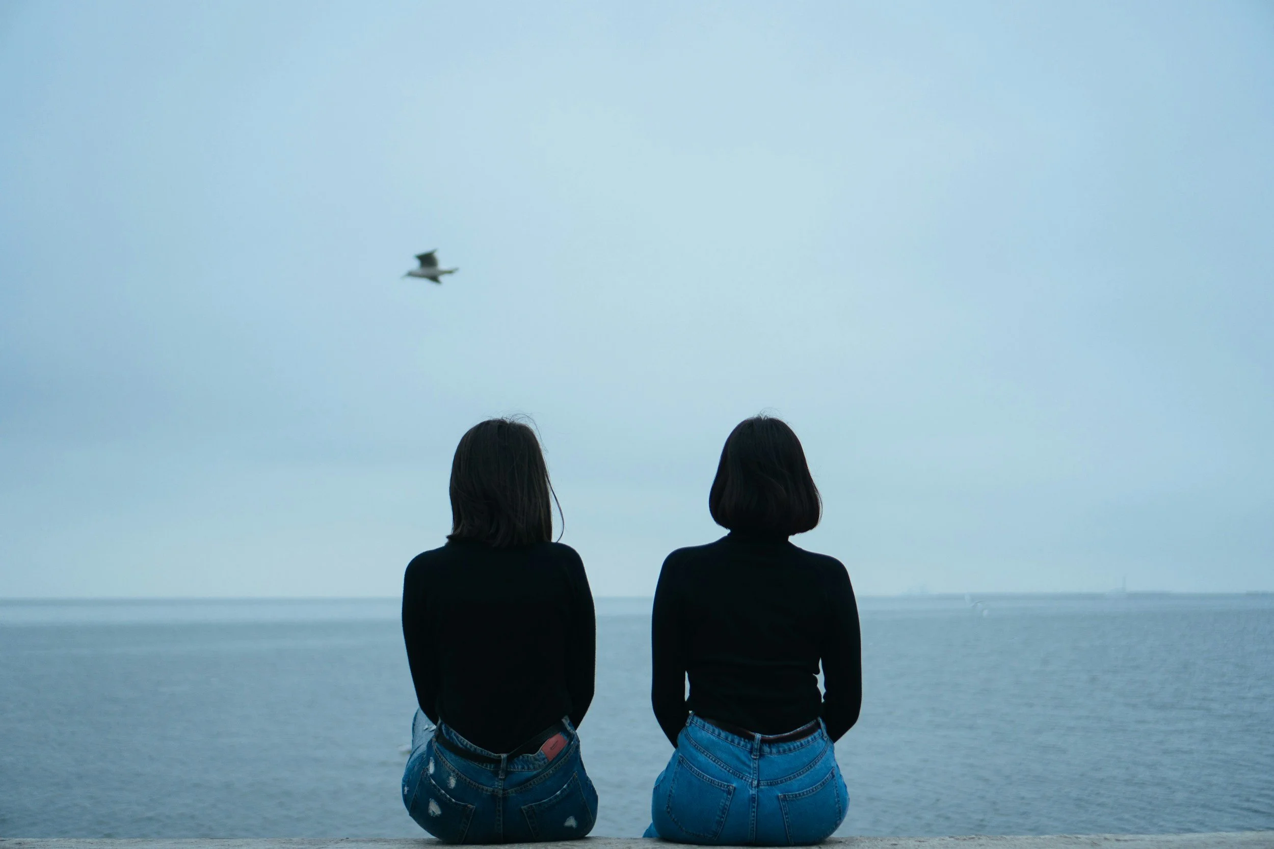 Two female friends sitting side-by-side overlooking a dark, atmospheric seascape, representing emotional distance and friendship anxiety.