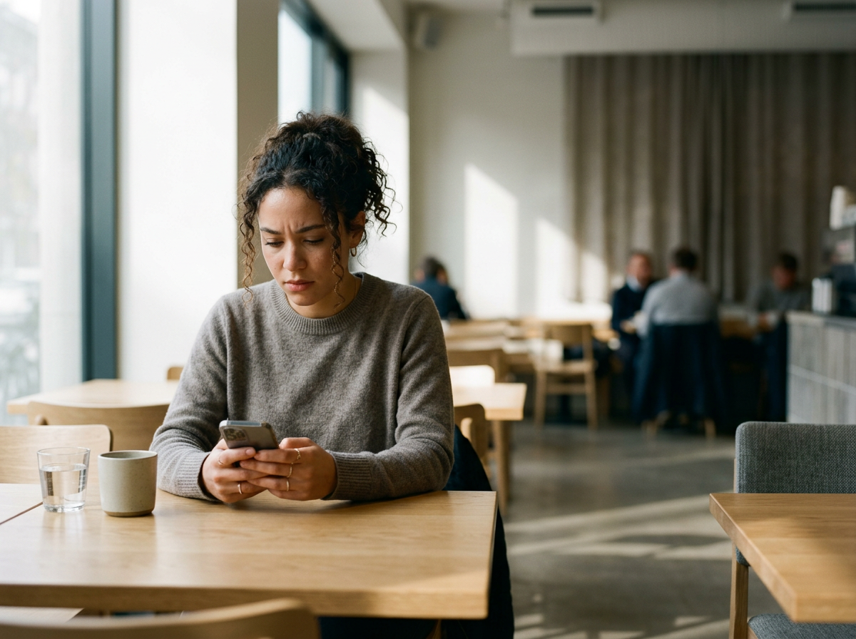 A woman sitting alone at a restaurant table in a grey sweater, looking concerned and focused on her smartphone.