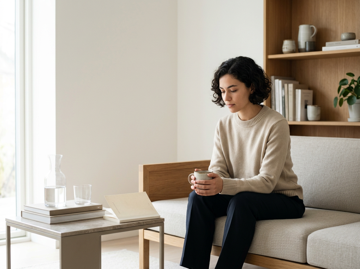 A thoughtful, quiet scene depicting a woman sitting comfortably in a neutral-toned room, holding a hot beverage cupped in both hands as she looks down in deep reflection and contemplation.