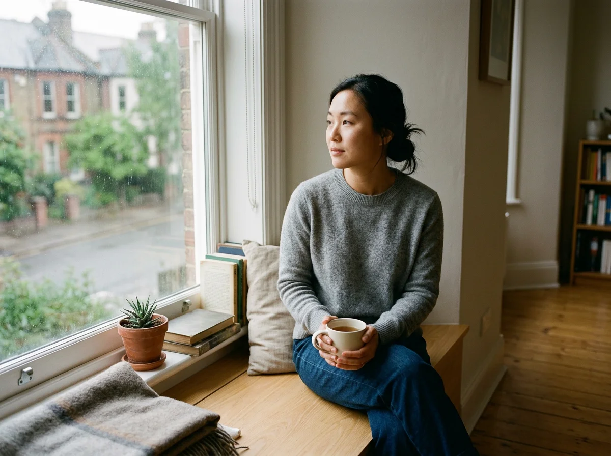 A woman holding a cup of tea or coffee while sitting on a built-in window bench, gazing out thoughtfully.