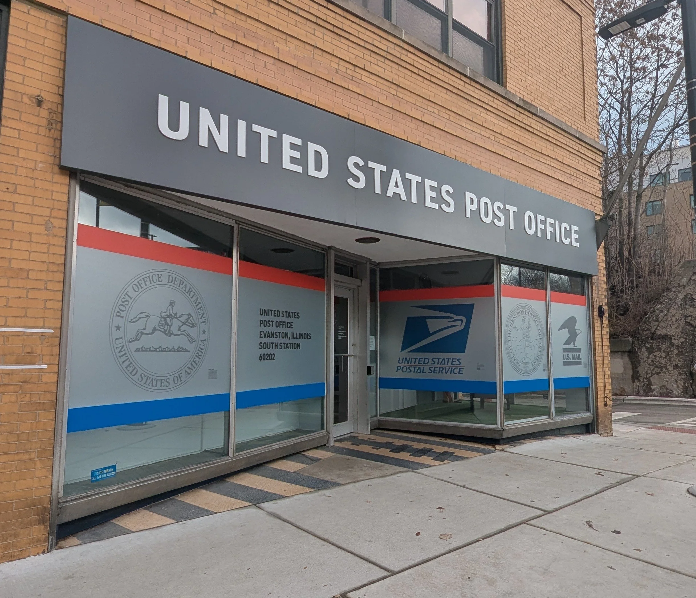  I was pretty excited for the opportunity to refresh my local post office. I replaced the sad, faded awnings with bold, clear signage, and a showcase of logos through USPS history. While I was laying out the window graphics,  I decided to embellish t