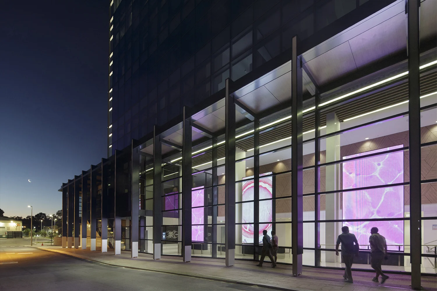 Dynamic motorised media display, highlighting the various areas of research within the facility.