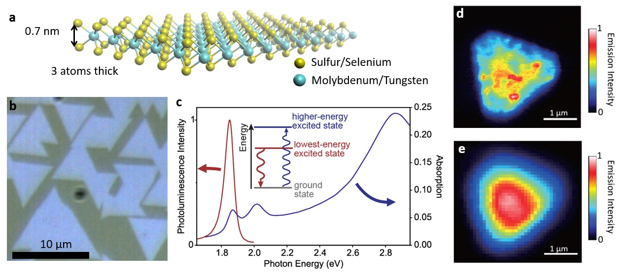 Figure - 2D semiconductors. (a) Schematic of a single layer of transition metal dichalcogenide semiconductors. (b) An image of individual crystallites of single layers of MoS2 taken with a conventional bright field optical microscope. (c) Typical optical absorption and emission spectra of a single layer of MoS2. (d) and (e) a comparison between imaging the light emission from a single crystallite of MoS2 using specialized nano-optical techniques (d) to less-sophisticated diffraction-limited techniques (e).