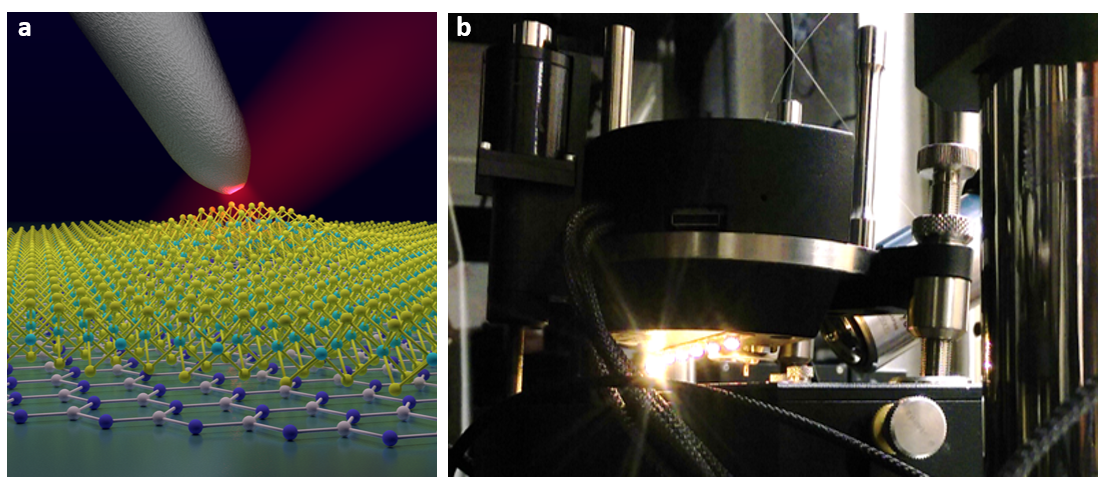 Figure - Nano-optical imaging & spectroscopy. (a) Schematic of a sharp silver nano-optical antenna probing nanoscale light-matter interactions of quantum emitter states in a nanobubble of monolayer WSe2. (b) Closeup photograph of nano-optical microscopy configuration comprised of a scanning probe head next to a side-illuminating microscope objective with broadband LEDs providing a wide-area light source for imaging.