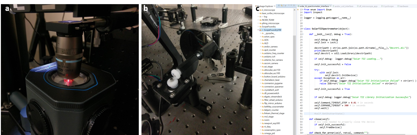 Figure - Microscope development and automation collage. (a) Close-up of our customized cryogenic confocal microscope system. (b) Custom Arduino-based rotation stage to control optical excitation density in the cryogenic microscope. (c) A sample of our customized Python code to control our microscopy tools using the ScopeFoundry platform.