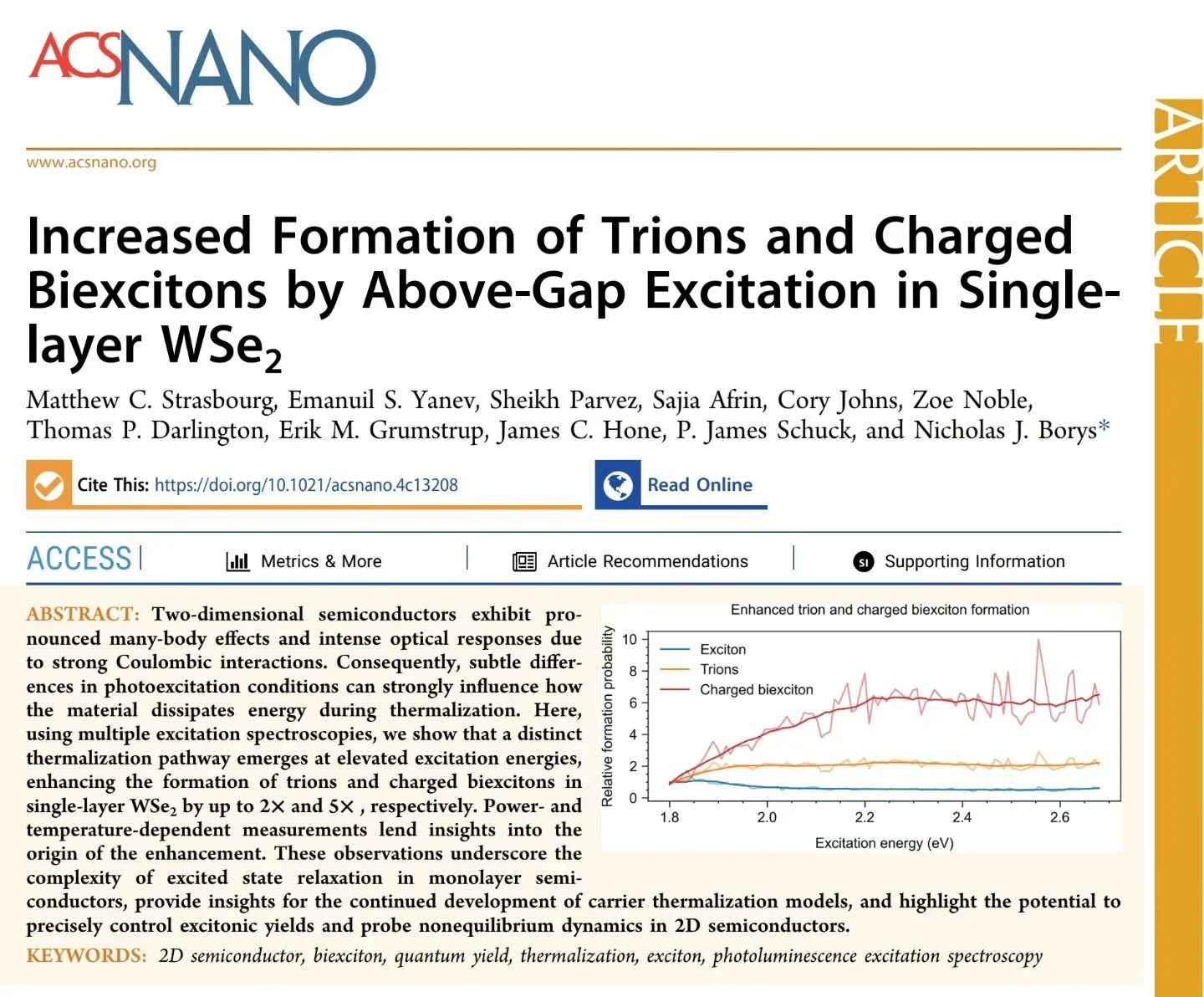 Well, it has been awhile since the last post.  That's because we have been busy, not because we have been inactive!  Congratulations to Dr. Matt Strasbourg for getting our paper on enhanced formation of exciton complexes in 2D semiconductors publishe