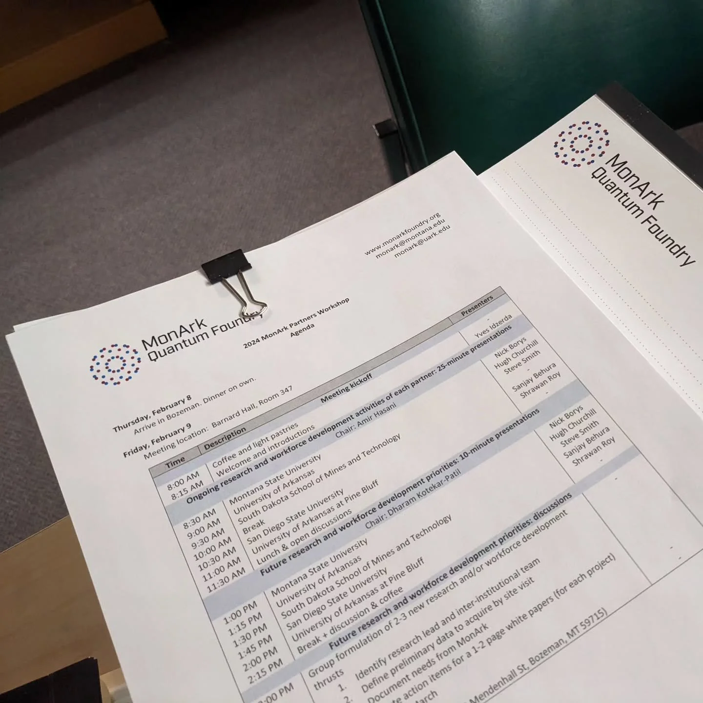 The MonArk NSF Quantum Foundry workshop will happen tomorrow. In a closed door meeting, MonArk leads from Montana State University, South Dakota School of Mines and Technology, San Diego State University, the University of Arkansas, and the Universit